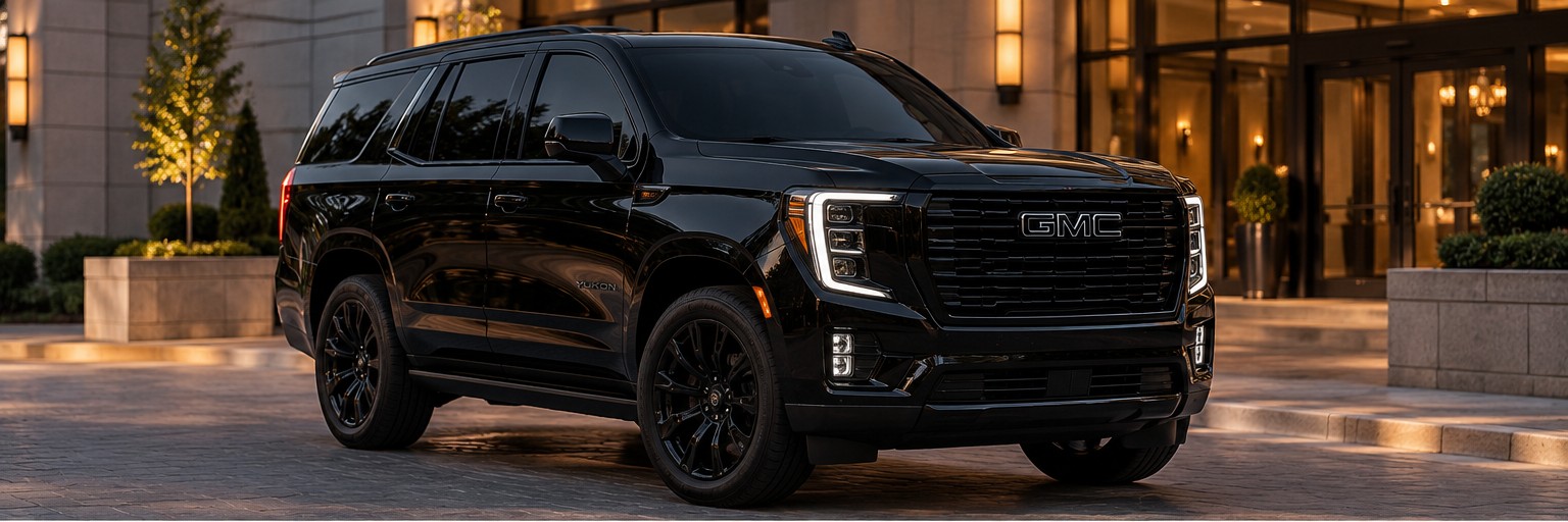 Illustrative image of a black-on-black 2026 GMC Yukon with modern front grille and LED lighting